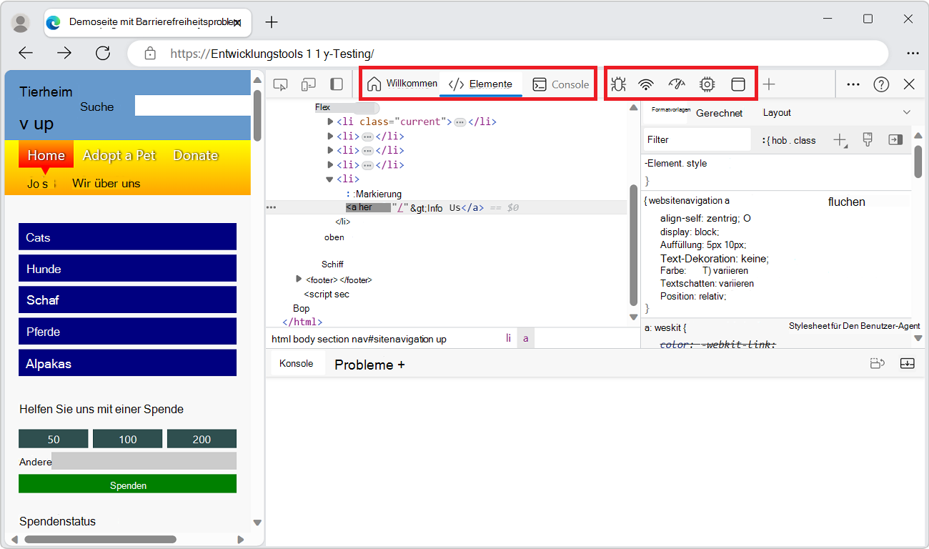 Die horizontale Aktivitätsleiste mit begrenzter Breite, sodass einige Tools keine Beschriftung, sondern nur ein Symbol mit QuickInfo haben