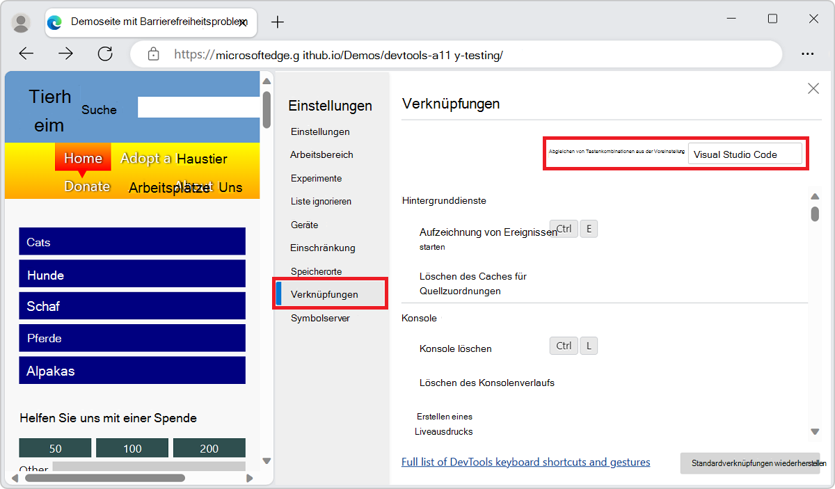 Alle Tastenkombinationen und das Menü, die jeweils mit den Tastenkombinationen in Visual Studio Code übereinstimmen