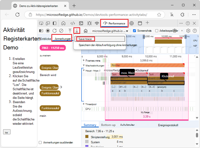 Speichern der Ablaufverfolgung mit Anmerkungen