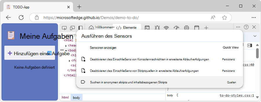 Verwenden des Befehlsmenüs zum Öffnen des Sensors-Tools