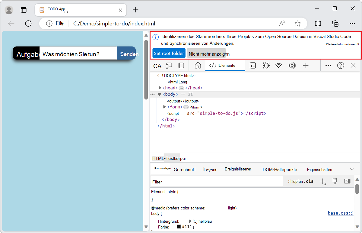 Entwicklertools mit einer Informationsleiste, in der Sie aufgefordert werden, Ihren Stammordner zu identifizieren