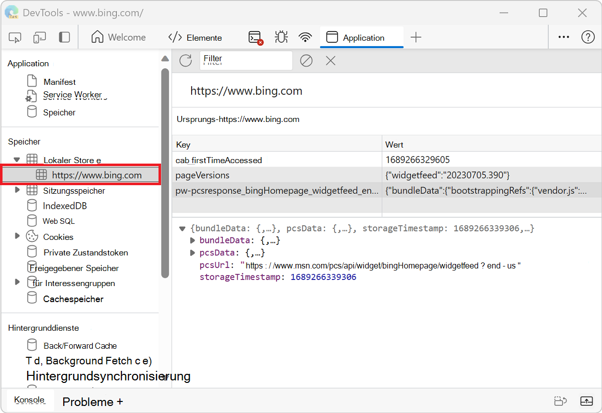 Die localStorage-Schlüssel-Wert-Paare für die https://www.bing.com Domäne