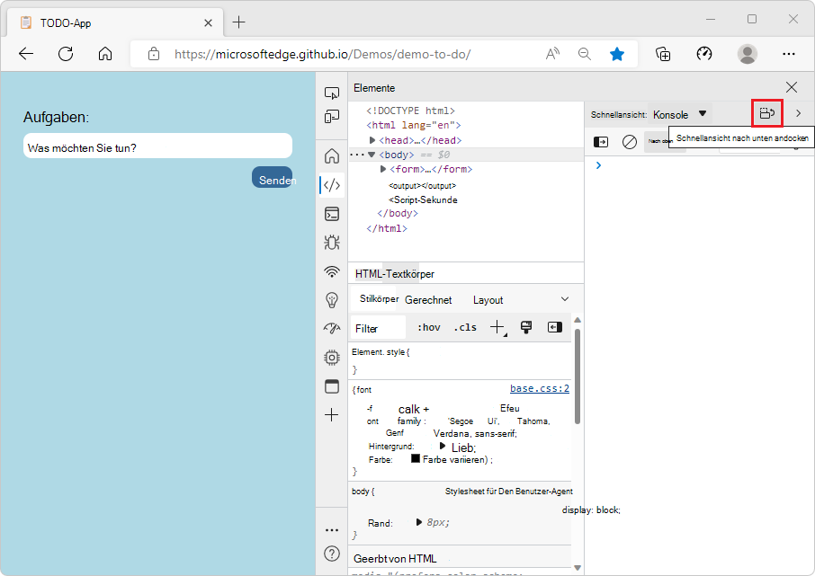 Andocken der Schnellansicht nach unten