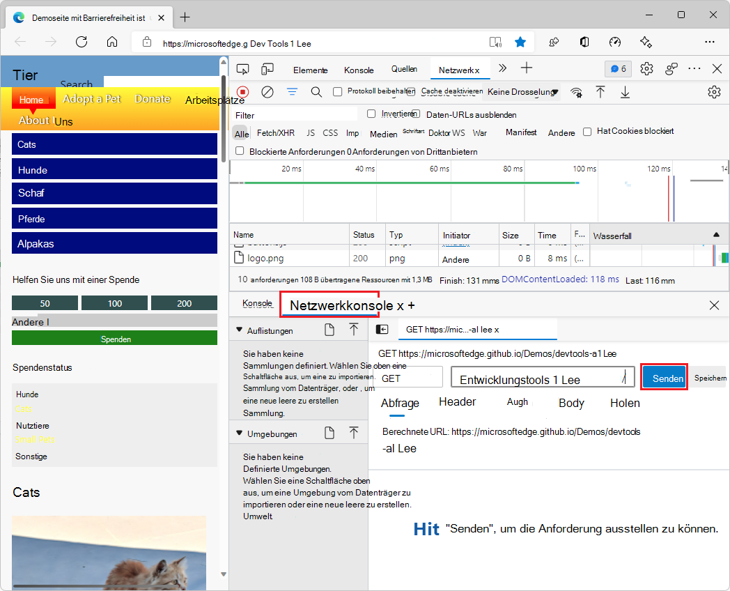 Netzwerkkonsole bearbeiten und senden
