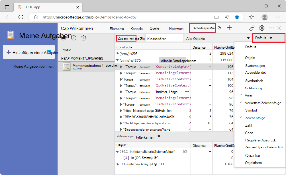 Der Filter Knotentypen wird in der Ansicht Zusammenfassung eines Heaps Momentaufnahme