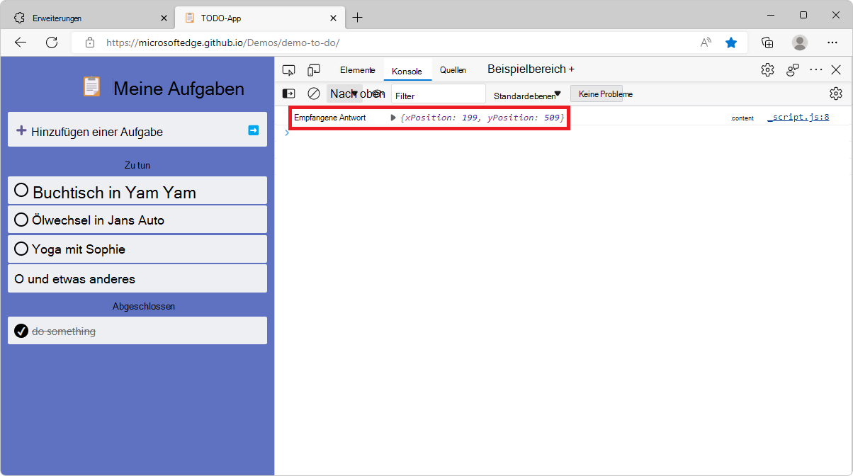 Das DevTools-Konsolentool zeigt die Meldung der angeklickten Position an.