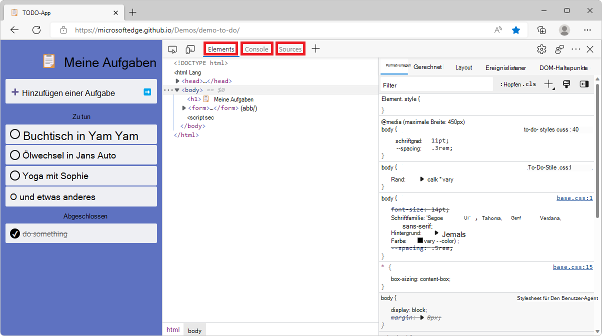 DevTools-Bereiche und -Randleisten