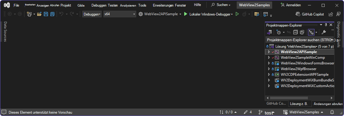 Das in Projektmappen-Explorer ausgewählte Projekt WebView2APISample