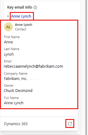 Screenshot of contact details in the Sales app pane in Outlook.