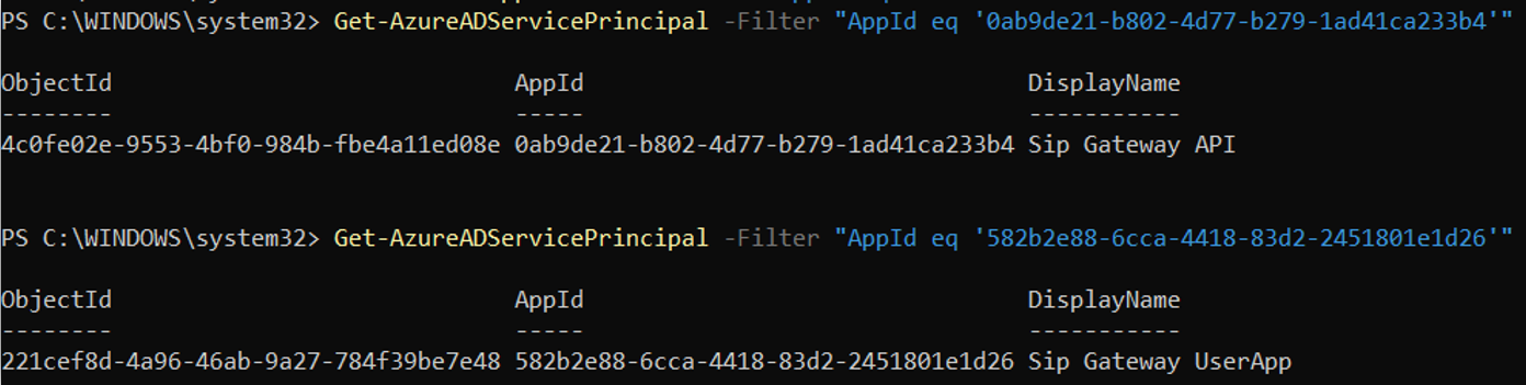 Screenshot der Ausgabe, die nach dem Ausführen von Cmdlets erwartet wird.