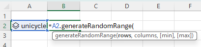 Screenshot: Eingabe der generateRandomRange-Methode in Excel.