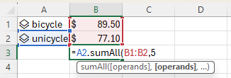 Screenshot: Eingeben der sumAll-Methode in Excel beim Übergeben eines optionalen Bereichs von B1:B2.