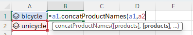 Screenshot der Eingabe der concatProductNames-Methode in Excel über die Übergabe von A1 und A2, die einen Wert für die Produktentität 
