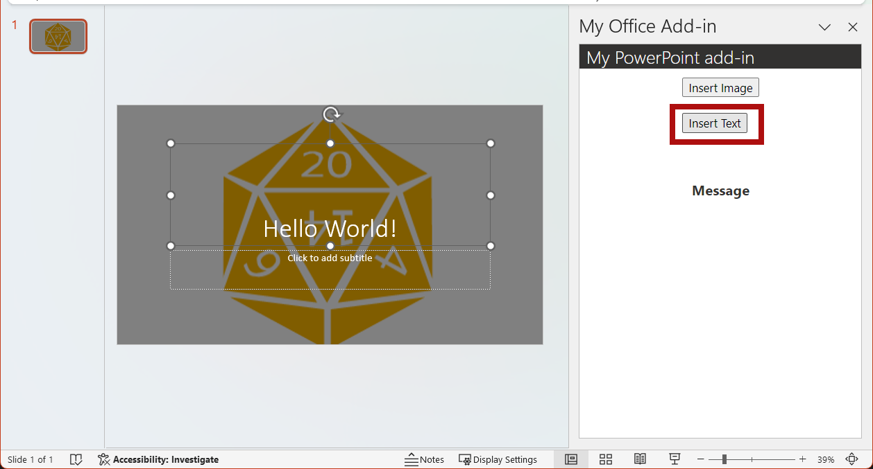 Die ausgewählte PowerPoint Titelfolie mit hervorgehobener Schaltfläche Text einfügen im Add-In.