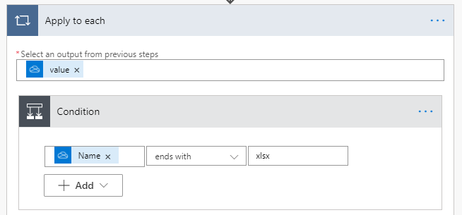 Der Power Automate-Bedingungsblock, der nachfolgende Aktionen auf jede Datei anwendet.
