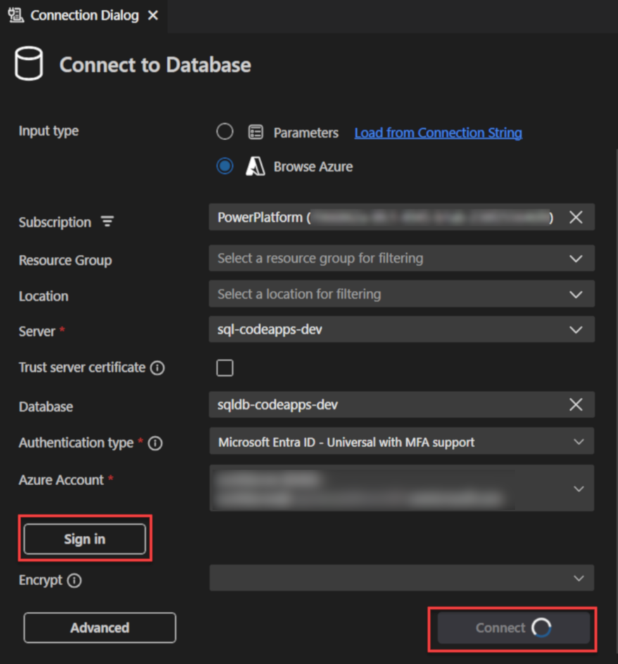 Verbunden mit azure SQL-Datenbank in VS Code
