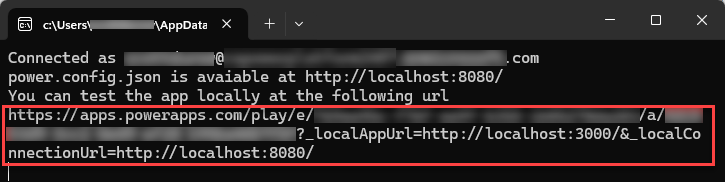 Power SDK-Serverkonsole mit App-URL und -Status