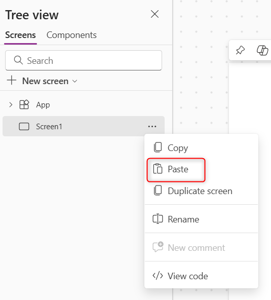 Screenshot der Strukturansicht in Power Apps Studio mit hervorgehobener Option „Code einfügen“ im Kontextmenü eines Steuerelements.