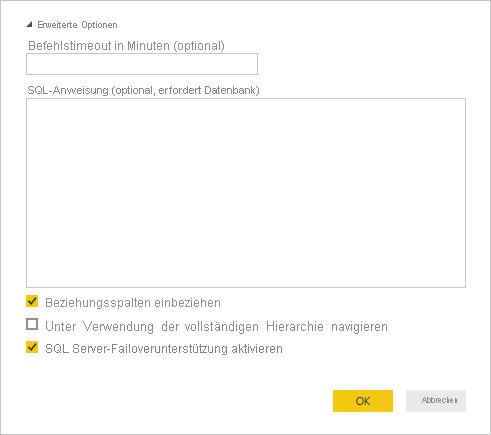 Screenshot der erweiterten SQL Server-Optionen.