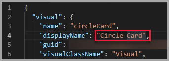 Screenshot von VS Code, der zeigt, dass der Wert des Anzeigenamens auf Circle Card festgelegt ist.