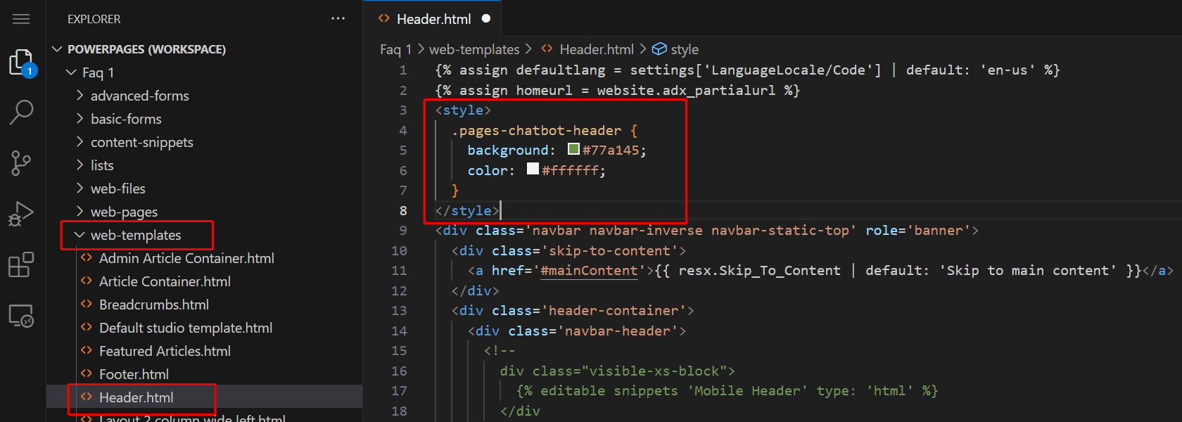 Screenshot von Visual Studio, bei dem der Ordners web-templates, der Header.html-Datei und das style-Element mit einem CSS-Selektor hervorgehoben wird.