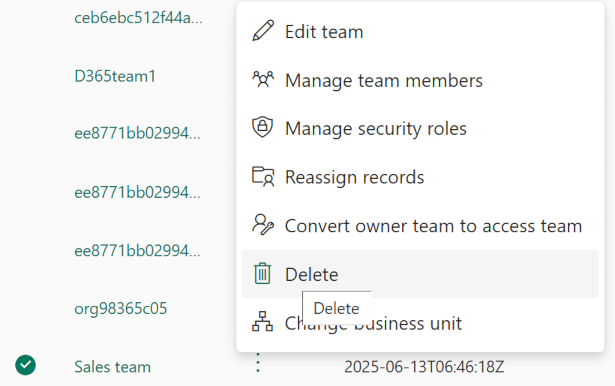Screenshot des Löschens eines Teams.