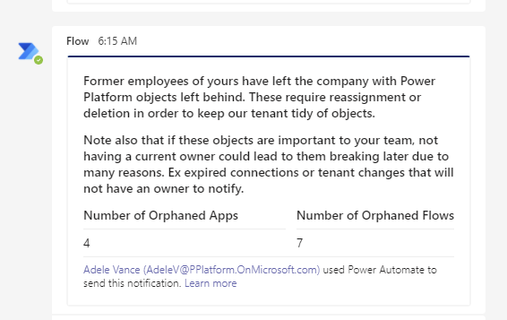 Screenshot mit Beispieltext, der einen Manager über verwaiste Apps und Workflows benachrichtigt.