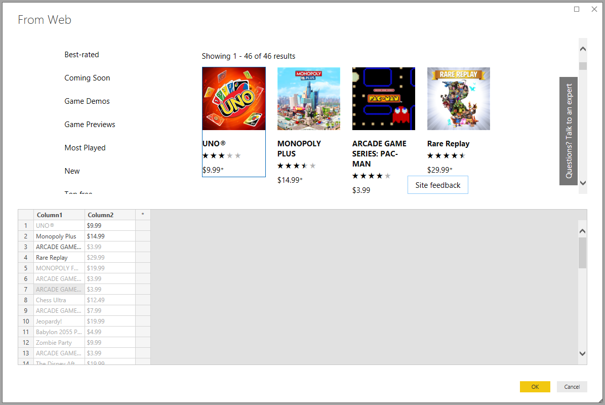 Screenshot der Tabellendaten, die aus Ihren Beispielen erstellt werden.