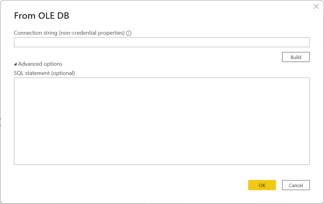 Screenshot des OLE DB-Connector-Dialogs, der die Verbindungszeichenfolge und die erweiterten Optionen zeigt.
