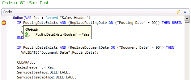 Debugger_InspectVariable Code viewer, inspect PostingDateExists variable