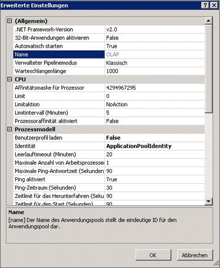 Screenshot der Eigenschaftenseite "Erweiterte Einstellungen"