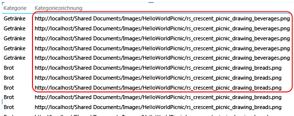 Bild-URLs werden in einem Bericht als Text angezeigt.
