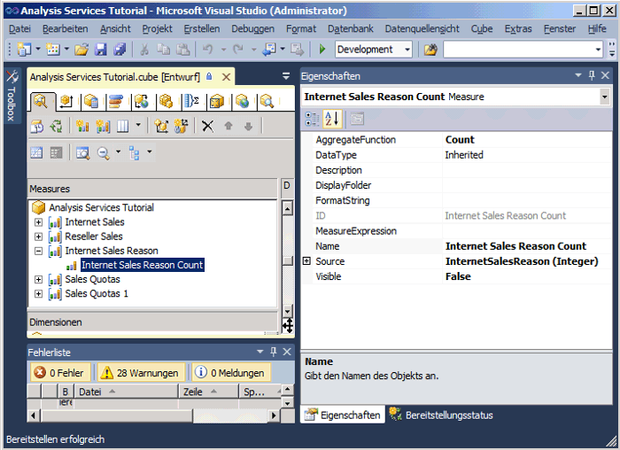 Eigenschaften für das Internet Sales Reason Count-Measure