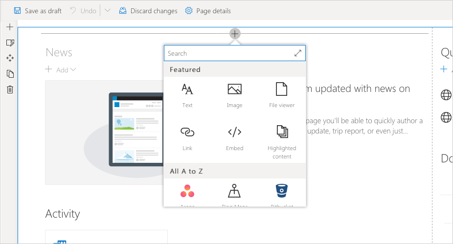 Webpart-Toolbox, die auf einer modernen Seite sichtbar ist