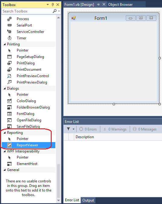 Screenshot der Toolbox, mit der ReportViewer-Steuerung hervorgehoben wird.