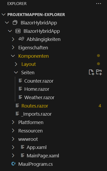 Screenshot: Projektmappen-Explorer in Visual Studio&nbsp;Code mit einer Liste der Dateien in einem .NET MAUI Blazor-Standardprojekt