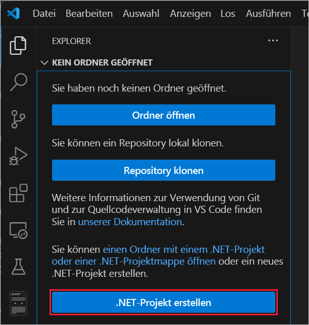 Screenshot der Auswahl von „Projekt erstellen“ in .NET.