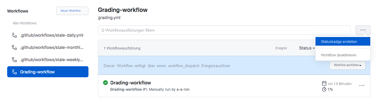 Screenshot der Option zum Erstellen eines Statusbadge im Workflowabschnitt auf GitHub
