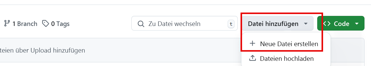 Screenshot der Option zum Hinzufügen einer Datei zu Ihrem neuen Repository in Rot mit der Schaltfläche 