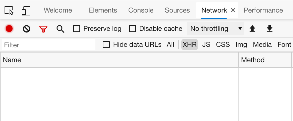 Screenshot der Registerkarte „Netzwerk“ ohne geöffnete Anforderungen in den Entwicklertools des Browsers.