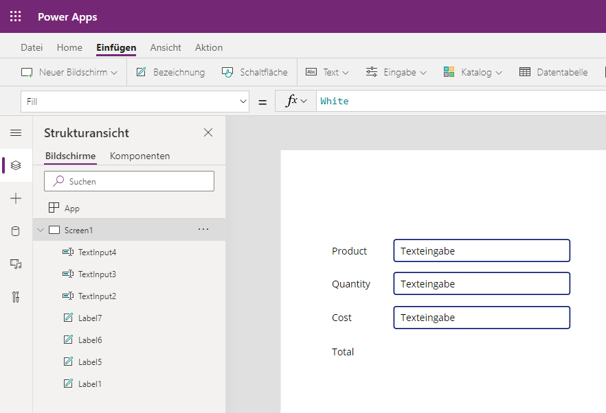 Screenshot von Power Apps Treeview Screen1&nbsp;– Texteingaben