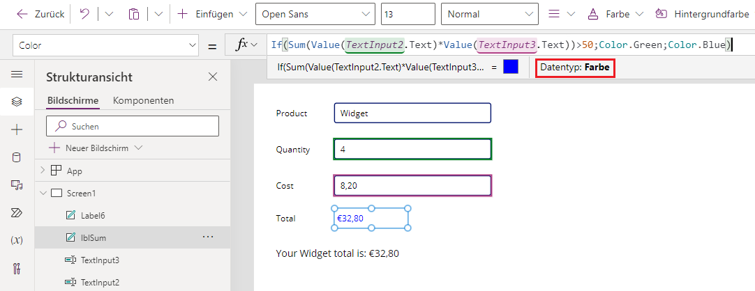 Screenshot der bedingten Farbe