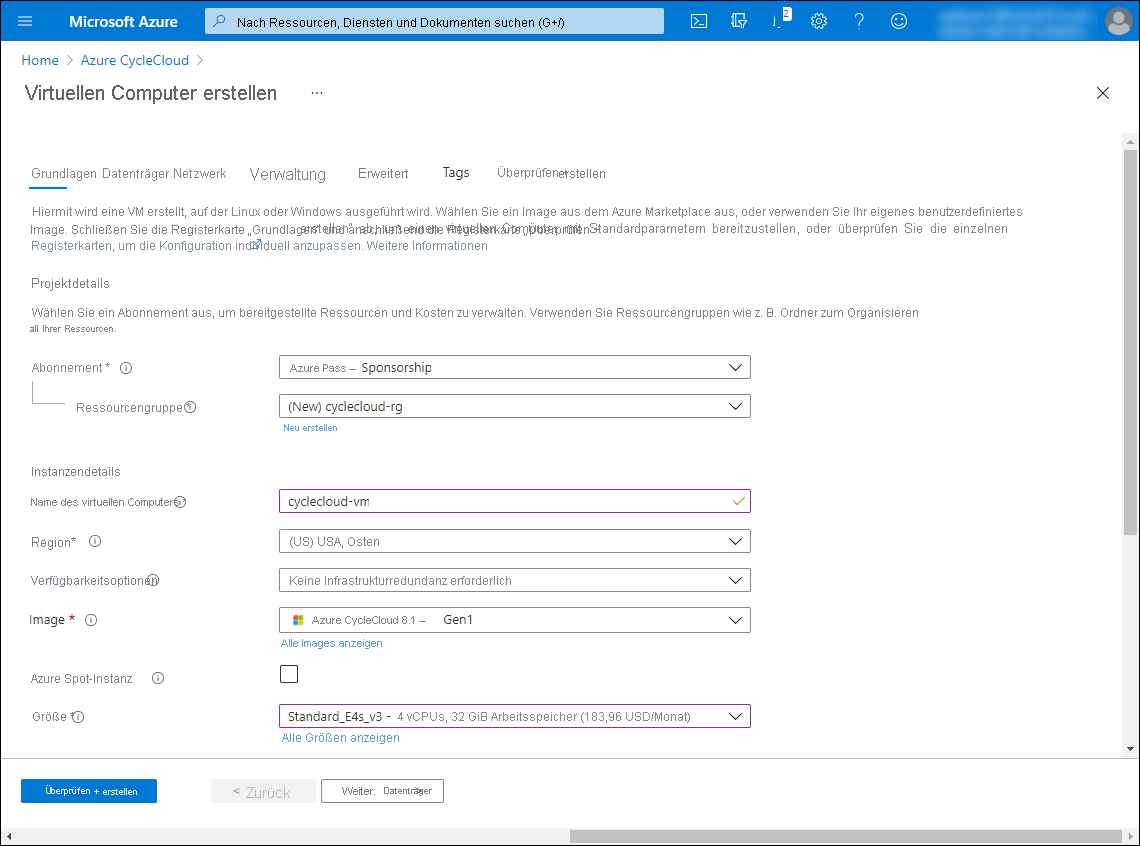 Screenshot: Oberer Abschnitt der Registerkarte „Grundeinstellungen“ des Abschnitts „Virtuellen Computer erstellen“ im Azure-Portal.