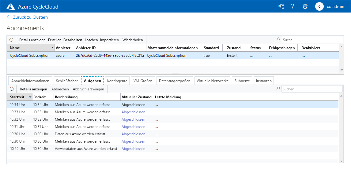 Screenshot: Seite „Abonnements“ der Azure CycleCloud-Webanwendung mit dem Eintrag, der das neu hinzugefügte Abonnement darstellt.