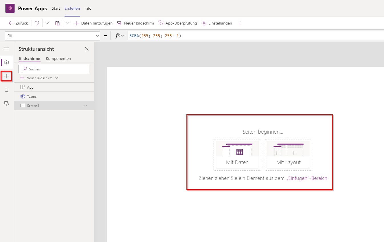 Screenshot des App-Startbildschirms mit hervorgehobenen Optionen zum Starten des Bildschirms mit Daten, Layout oder Drag & Drop