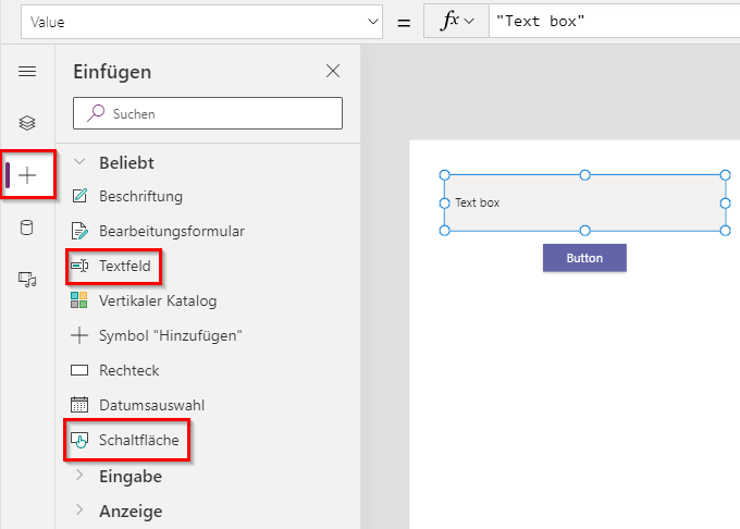 Screenshot der Schaltfläche und des Textfelds im Designbereich.