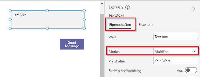 Screenshot der Registerkarte „Eigenschaften“ mit auf „Mehrzeilig“ festgelegtem Modus