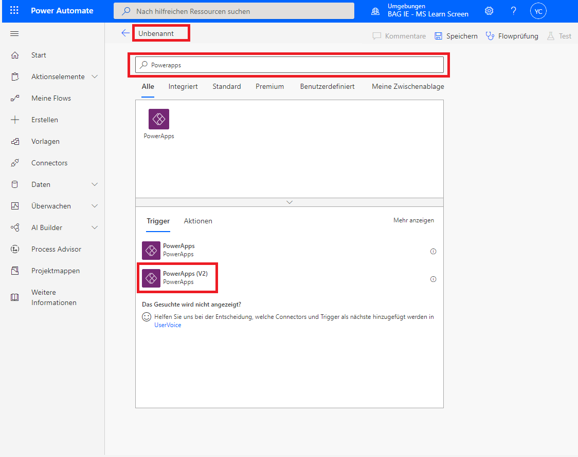 Screenshot des Power Apps-Triggers in den Suchergebnissen