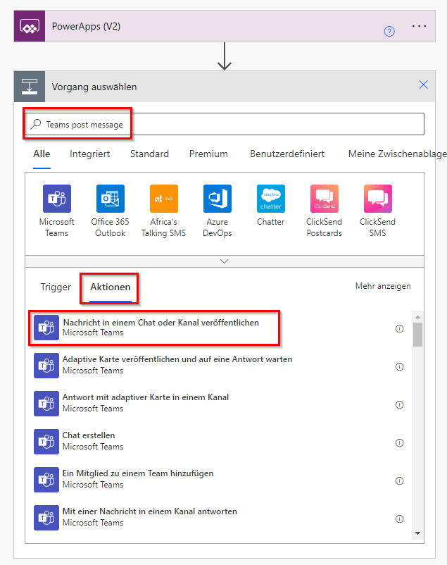 Screenshot des Dialogfelds „Vorgang auswählen“ mit den Suchergebnissen für „Teams-Nachricht veröffentlichen“, die auf der Registerkarte „Aktionen“ angezeigt werden