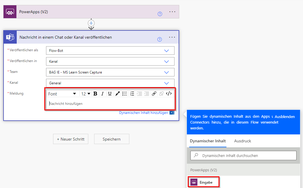 Screenshot der Aktion „Nachricht veröffentlichen“ mit dynamischem Inhalt für das Feld „Nachricht“, eingestellt auf „Eingabe vom Power Apps V2-Konnektor“
